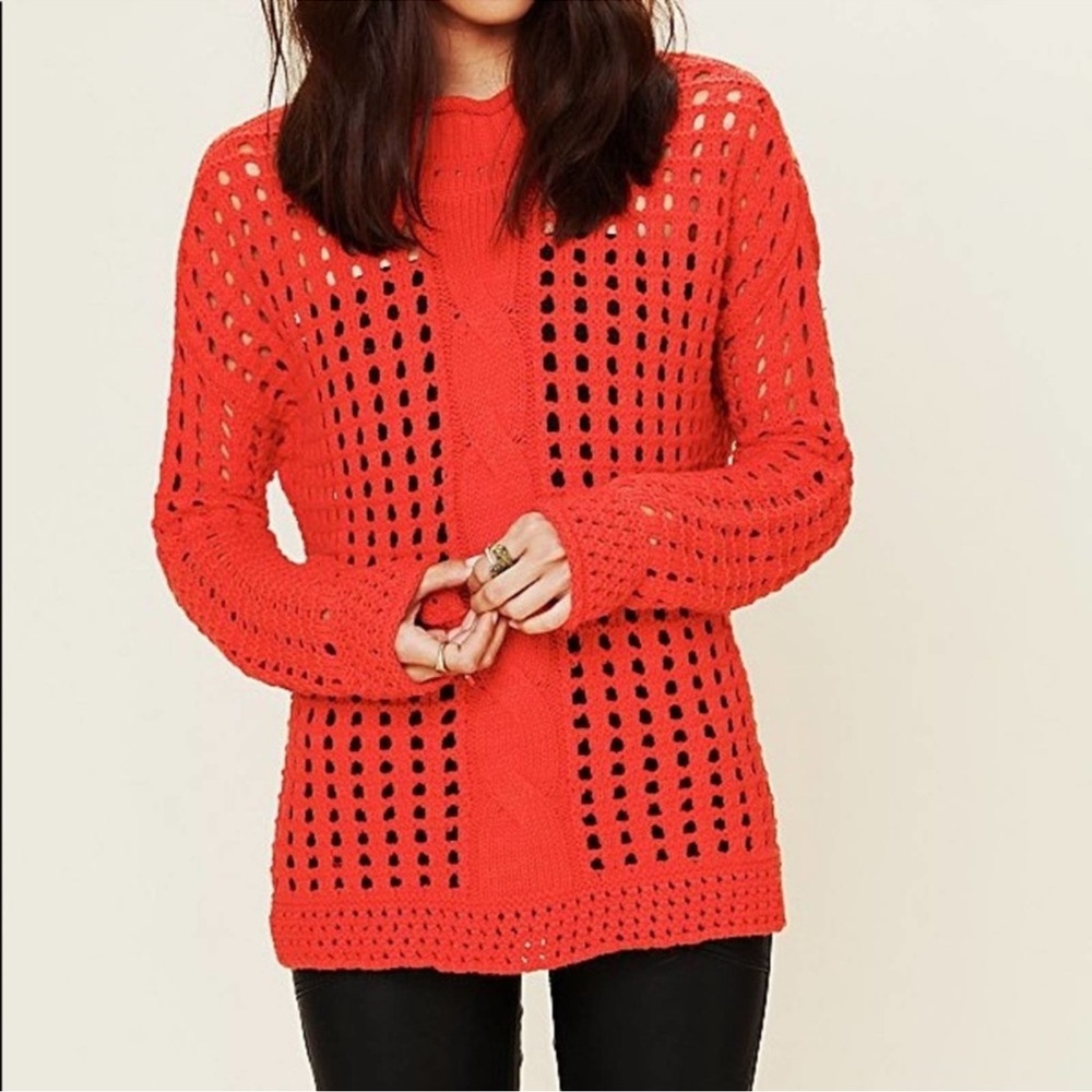 Free People Open Knit Crochet Mockneck Sweater Orange Size Small
